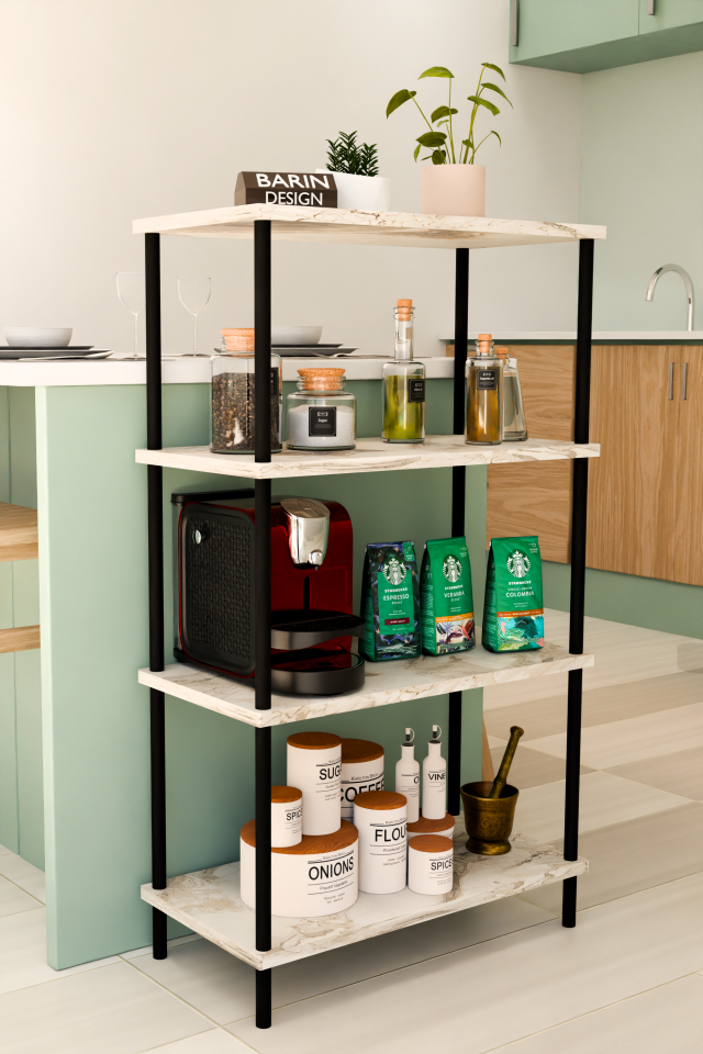 4 Katlı Çevir Kur Mutfak Rafı Çok Amaçlı Düzenleyici, Baharatlık, Kahve Köşesi, Açık Mutfak Dolabı Beyaz Mermer