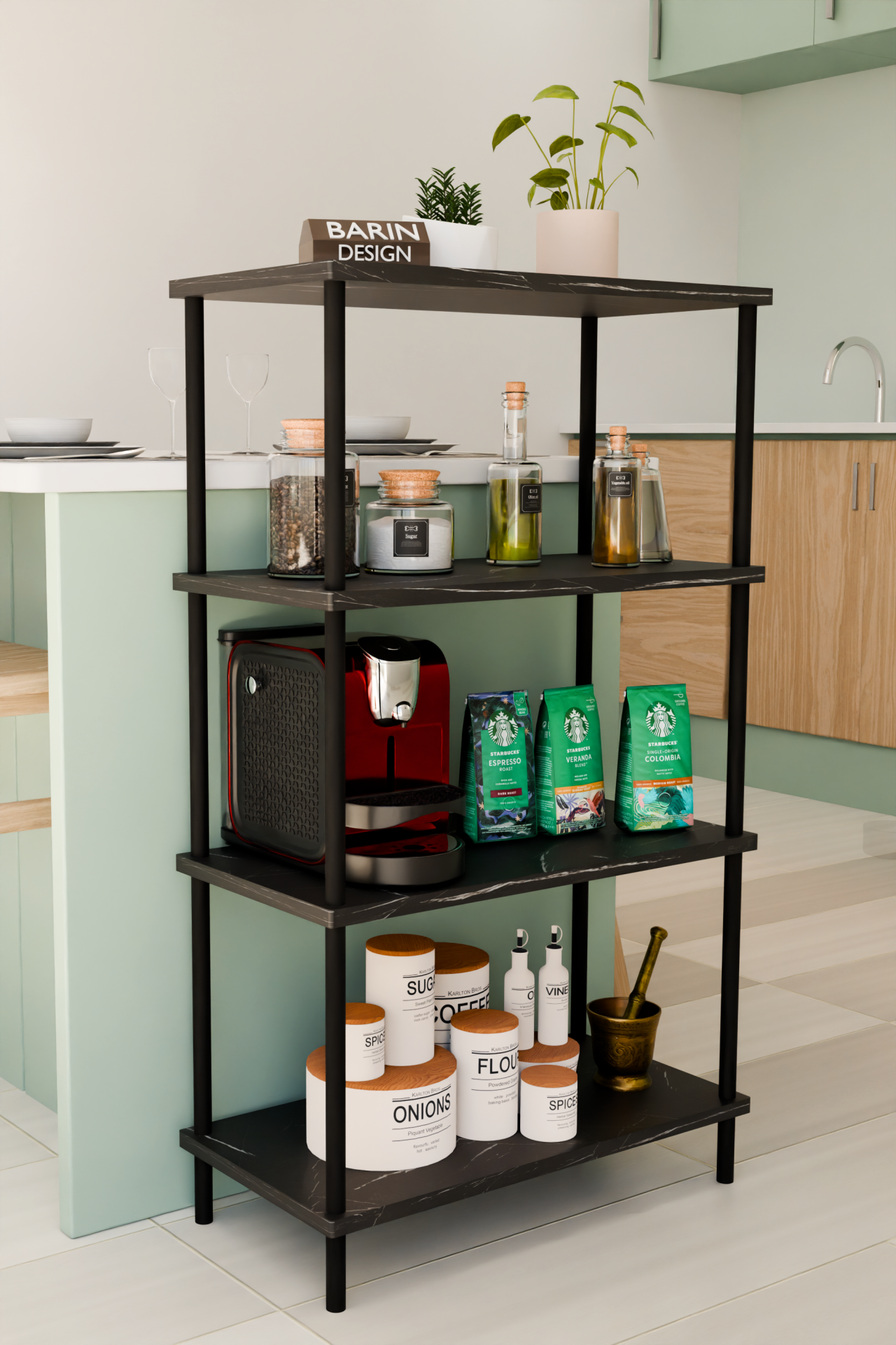 4 Katlı Çevir Kur Mutfak Rafı Çok Amaçlı Düzenleyici, Baharatlık, Kahve Köşesi, Açık Mutfak Dolabı Siyah Mermer