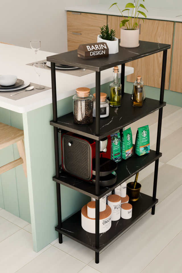 4 Katlı Çevir Kur Mutfak Rafı Çok Amaçlı Düzenleyici, Baharatlık, Kahve Köşesi, Açık Mutfak Dolabı Siyah Mermer