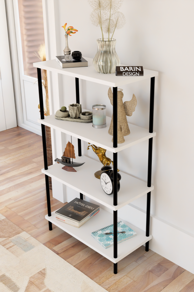 4 Katlı Çevir-Kur Sistemli Kitaplık Raf Metal Gövdeli Ahşap Raflı Çok Amaçlı Düzenleyici RafÜnitesi Beyaz