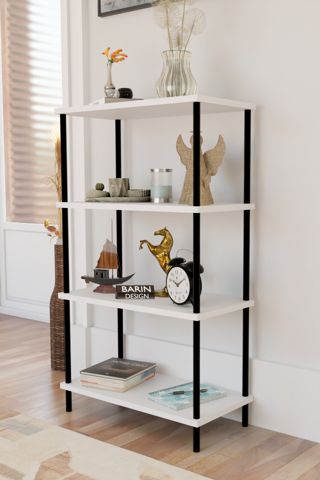 4 Katlı Çevir-Kur Sistemli Kitaplık Raf Metal Gövdeli Ahşap Raflı Çok Amaçlı Düzenleyici RafÜnitesi Beyaz