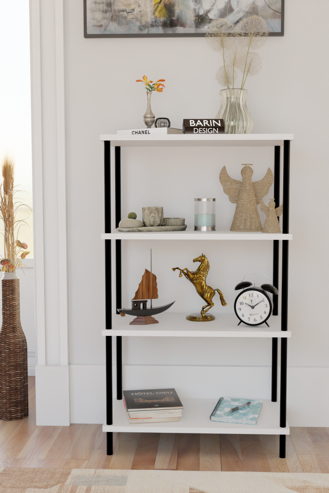 4 Katlı Çevir-Kur Sistemli Kitaplık Raf Metal Gövdeli Ahşap Raflı Çok Amaçlı Düzenleyici RafÜnitesi Beyaz