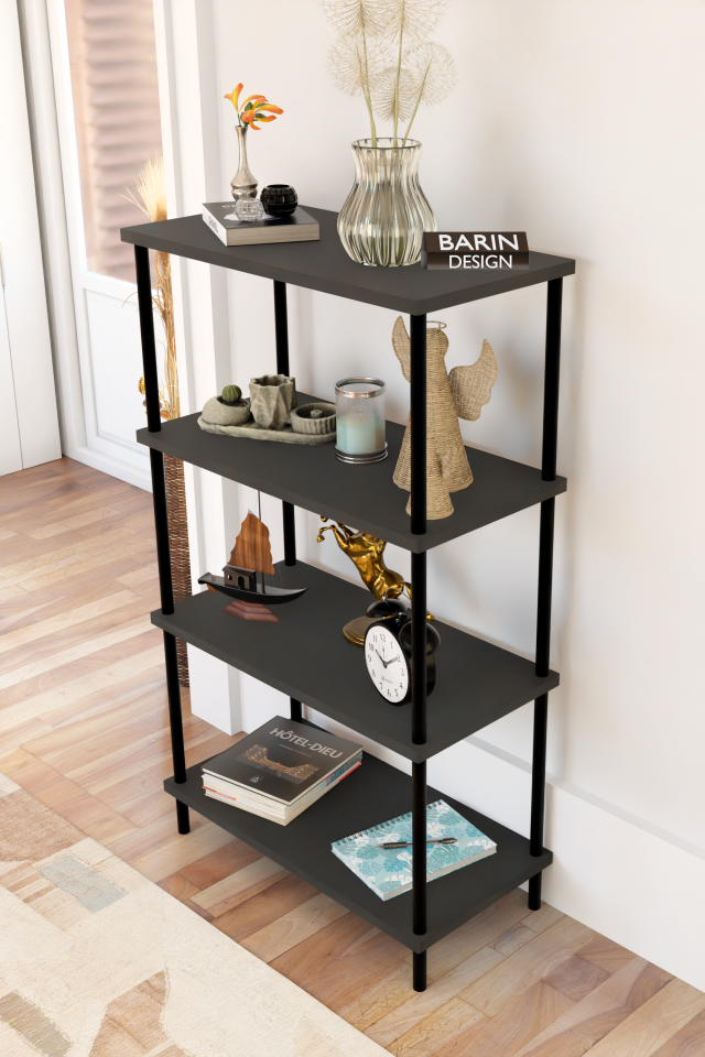 4 Katlı Çevir-Kur Sistemli Kitaplık Raf Metal Gövdeli Ahşap Raflı Çok Amaçlı Düzenleyici RafÜnitesi Antrasit