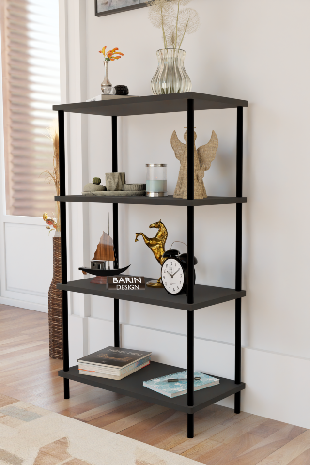 4 Katlı Çevir-Kur Sistemli Kitaplık Raf Metal Gövdeli Ahşap Raflı Çok Amaçlı Düzenleyici RafÜnitesi Antrasit