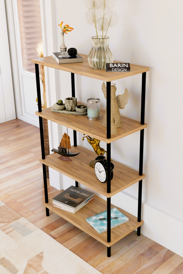 4 Katlı Çevir-Kur Sistemli Kitaplık Raf Metal Gövdeli Ahşap Raflı Çok Amaçlı Düzenleyici RafÜnitesi Atlantik Çam