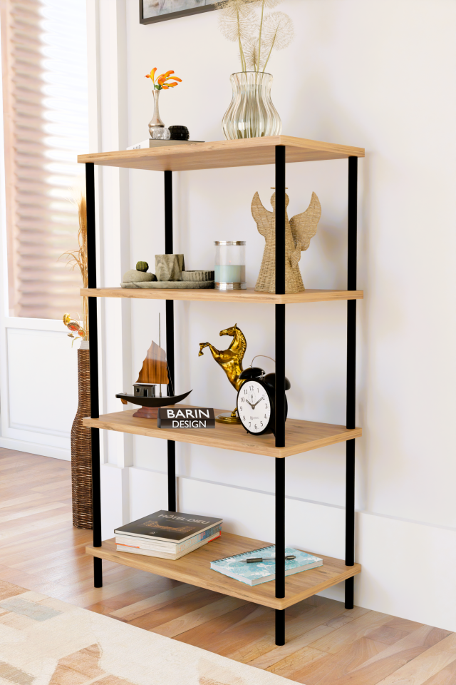 4 Katlı Çevir-Kur Sistemli Kitaplık Raf Metal Gövdeli Ahşap Raflı Çok Amaçlı Düzenleyici RafÜnitesi Atlantik Çam