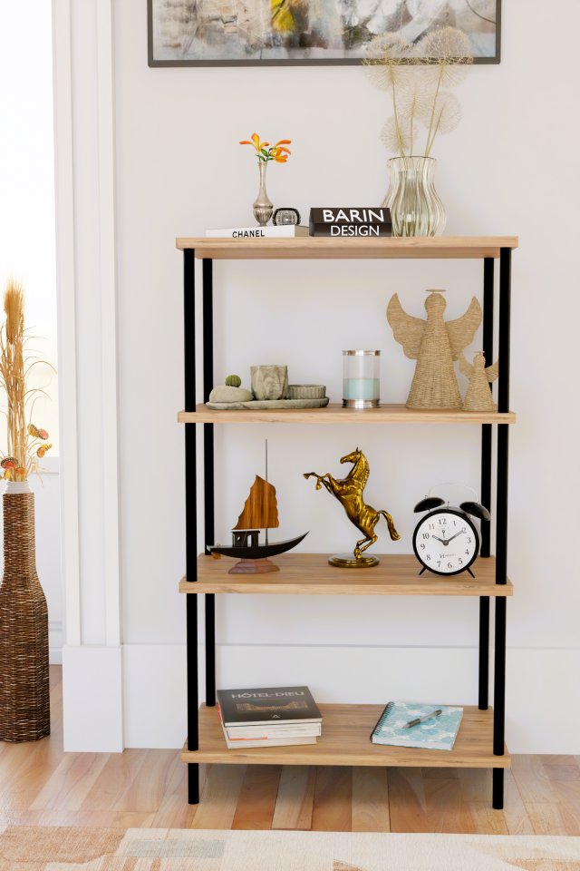 4 Katlı Çevir-Kur Sistemli Kitaplık Raf Metal Gövdeli Ahşap Raflı Çok Amaçlı Düzenleyici RafÜnitesi Atlantik Çam