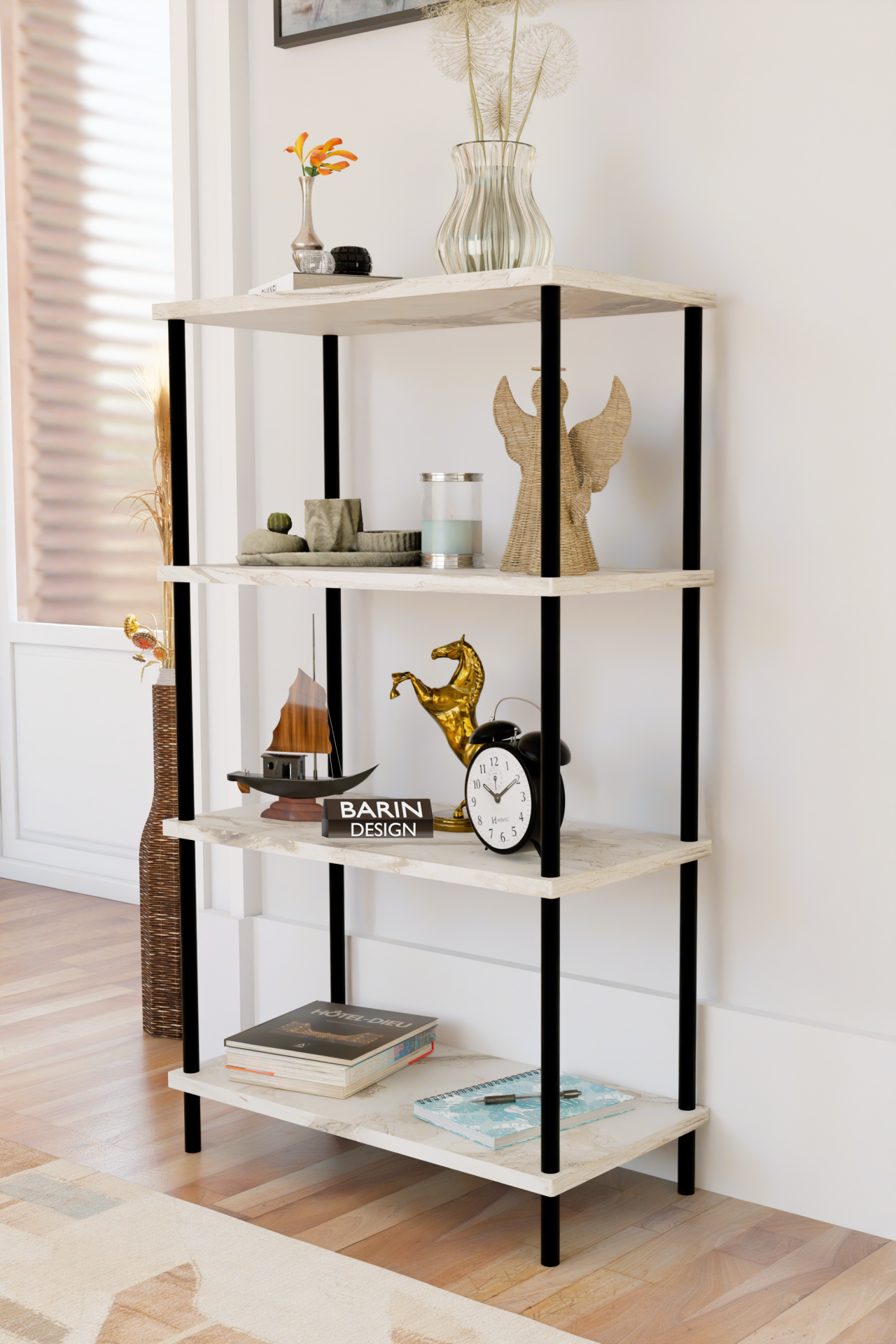 4 Katlı Çevir-Kur Sistemli Kitaplık Raf Metal Gövdeli Ahşap Raflı Çok Amaçlı Düzenleyici RafÜnitesi Beyaz Mermer