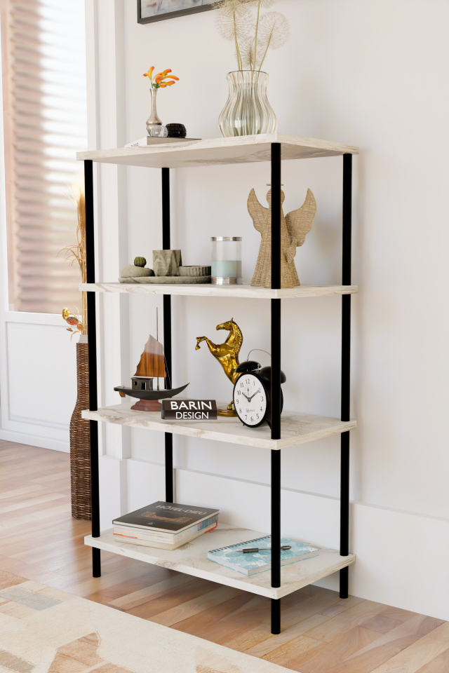 4 Katlı Çevir-Kur Sistemli Kitaplık Raf Metal Gövdeli Ahşap Raflı Çok Amaçlı Düzenleyici RafÜnitesi Beyaz Mermer