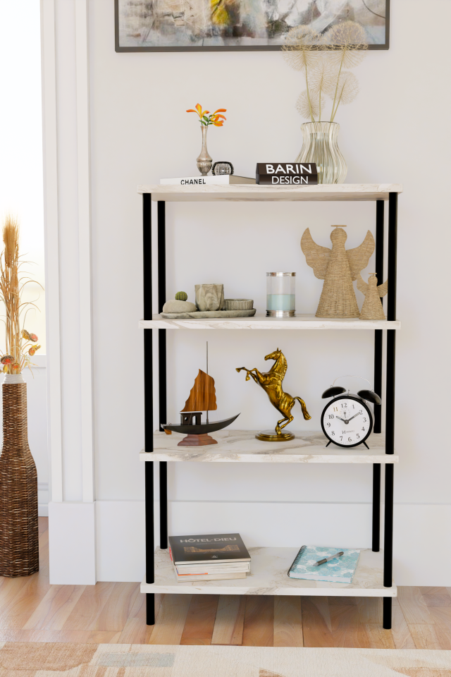 4 Katlı Çevir-Kur Sistemli Kitaplık Raf Metal Gövdeli Ahşap Raflı Çok Amaçlı Düzenleyici RafÜnitesi Beyaz Mermer