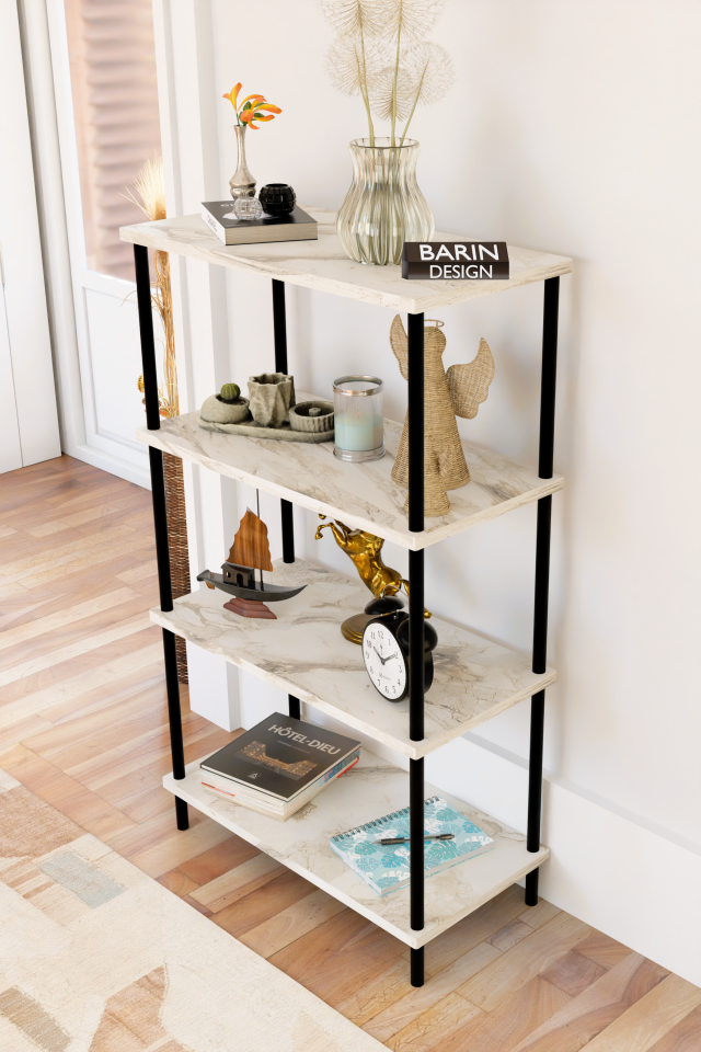 4 Katlı Çevir-Kur Sistemli Kitaplık Raf Metal Gövdeli Ahşap Raflı Çok Amaçlı Düzenleyici RafÜnitesi Beyaz Mermer