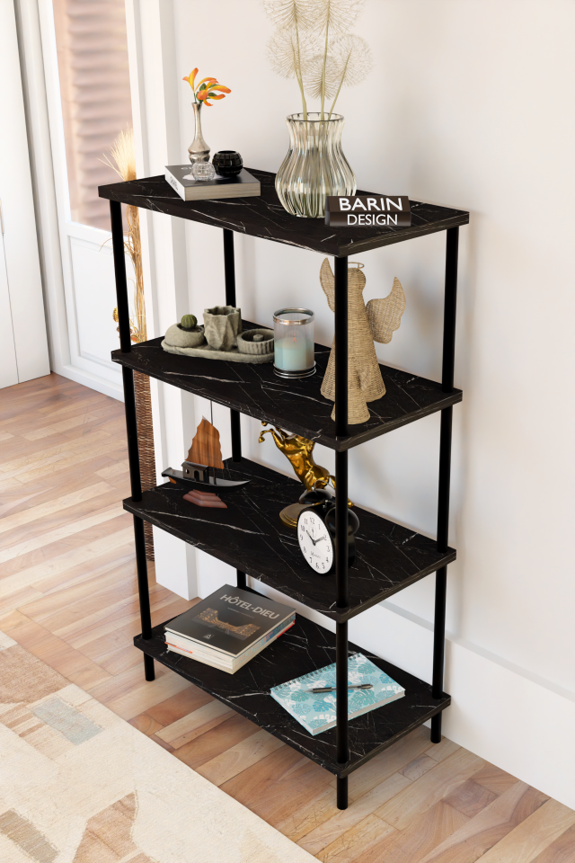 4 Katlı Çevir-Kur Sistemli Kitaplık Raf Metal Gövdeli Ahşap Raflı Çok Amaçlı Düzenleyici RafÜnitesi Siyah Mermer