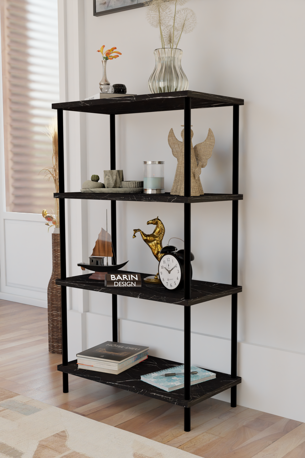 4 Katlı Çevir-Kur Sistemli Kitaplık Raf Metal Gövdeli Ahşap Raflı Çok Amaçlı Düzenleyici RafÜnitesi Siyah Mermer