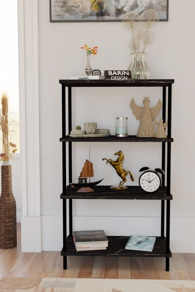 4 Katlı Çevir-Kur Sistemli Kitaplık Raf Metal Gövdeli Ahşap Raflı Çok Amaçlı Düzenleyici RafÜnitesi Siyah Mermer