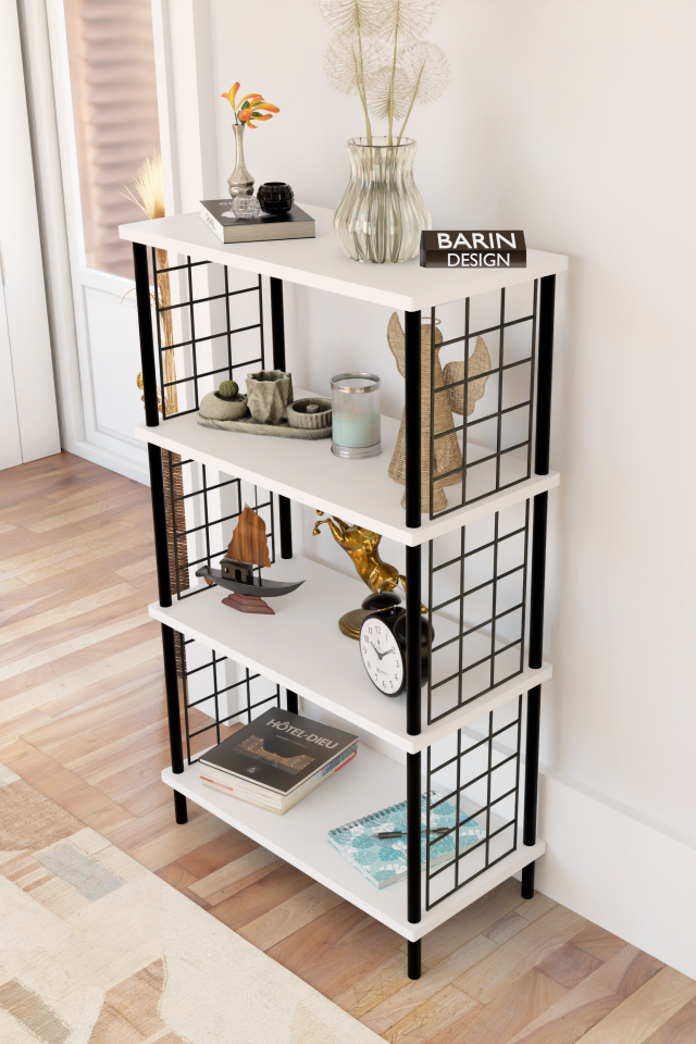 4 Katlı Çevir-Kur Sistemli Metal Yan Telli Ahşap Raf Çok Amaçlı Kitaplık, Dekoratif Düzenleyici Beyaz