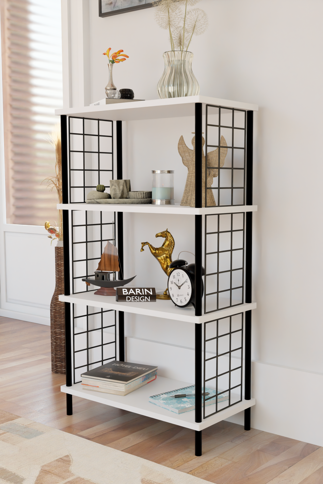 4 Katlı Çevir-Kur Sistemli Metal Yan Telli Ahşap Raf Çok Amaçlı Kitaplık, Dekoratif Düzenleyici Beyaz