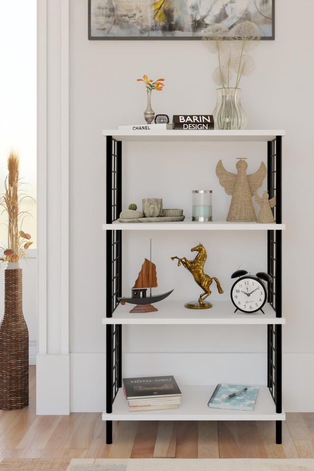 4 Katlı Çevir-Kur Sistemli Metal Yan Telli Ahşap Raf Çok Amaçlı Kitaplık, Dekoratif Düzenleyici Beyaz