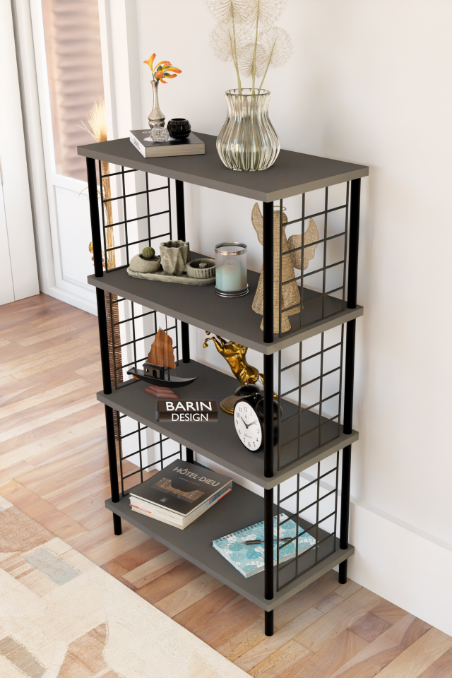 4 Katlı Çevir-Kur Sistemli Metal Yan Telli Ahşap Raf Çok Amaçlı Kitaplık, Dekoratif Düzenleyici Antrasit