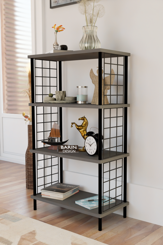 4 Katlı Çevir-Kur Sistemli Metal Yan Telli Ahşap Raf Çok Amaçlı Kitaplık, Dekoratif Düzenleyici Antrasit