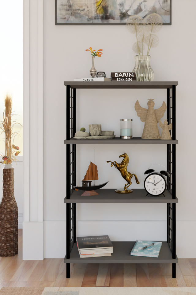 4 Katlı Çevir-Kur Sistemli Metal Yan Telli Ahşap Raf Çok Amaçlı Kitaplık, Dekoratif Düzenleyici Antrasit