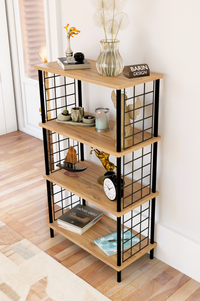 4 Katlı Çevir-Kur Sistemli Metal Yan Telli Ahşap Raf Çok Amaçlı Kitaplık, Dekoratif Düzenleyici Atlantik Çam