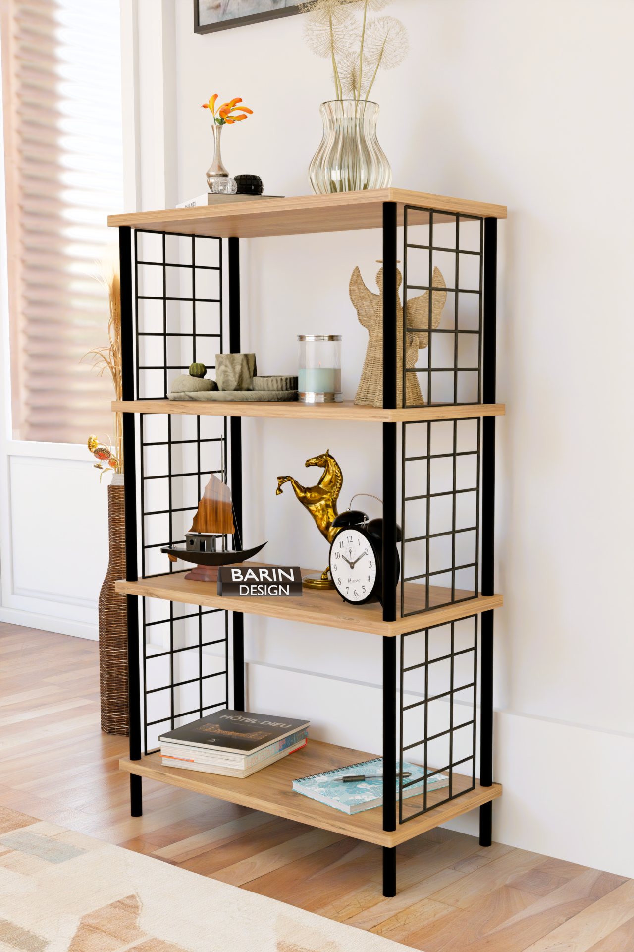 4 Katlı Çevir-Kur Sistemli Metal Yan Telli Ahşap Raf Çok Amaçlı Kitaplık, Dekoratif Düzenleyici Atlantik Çam