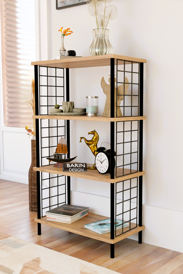 4 Katlı Çevir-Kur Sistemli Metal Yan Telli Ahşap Raf Çok Amaçlı Kitaplık, Dekoratif Düzenleyici Atlantik Çam