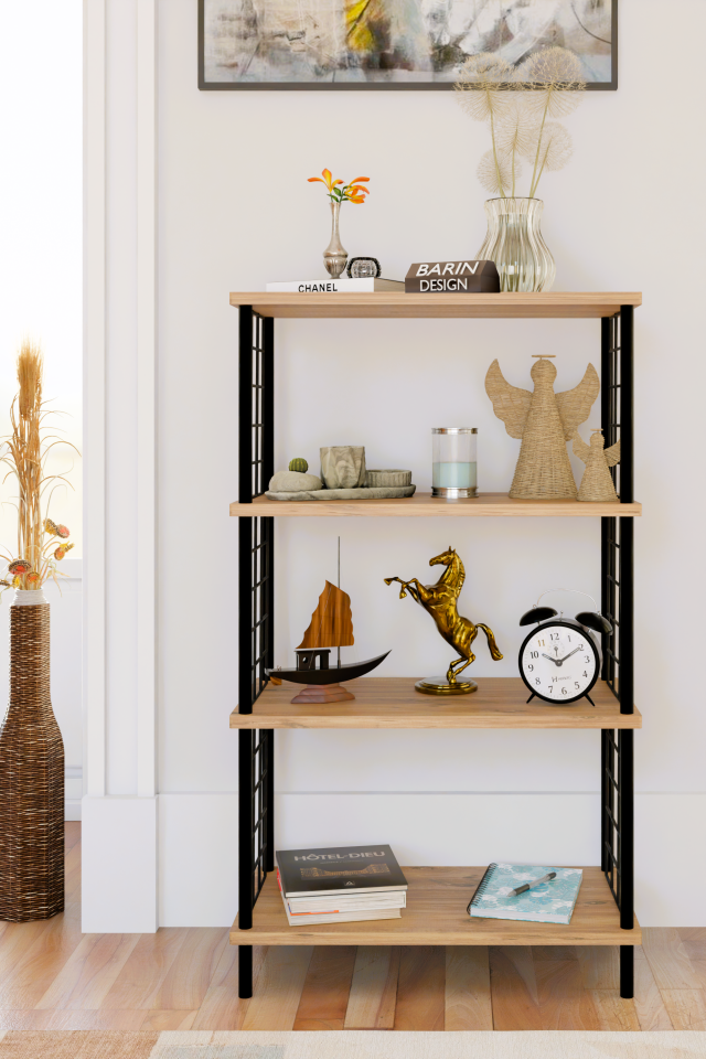 4 Katlı Çevir-Kur Sistemli Metal Yan Telli Ahşap Raf Çok Amaçlı Kitaplık, Dekoratif Düzenleyici Atlantik Çam