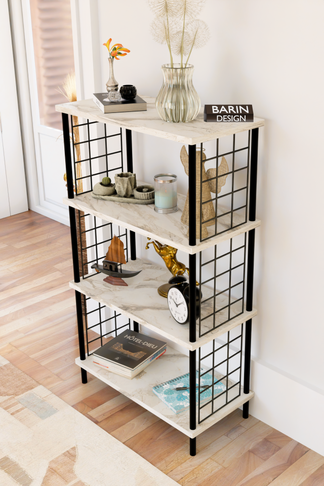 4 Katlı Çevir-Kur Sistemli Metal Yan Telli Ahşap Raf Çok Amaçlı Kitaplık, Dekoratif Düzenleyici Beyaz Mermer