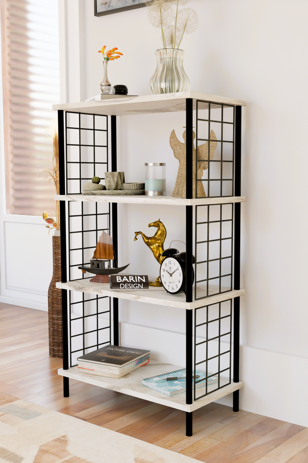 4 Katlı Çevir-Kur Sistemli Metal Yan Telli Ahşap Raf Çok Amaçlı Kitaplık, Dekoratif Düzenleyici Beyaz Mermer