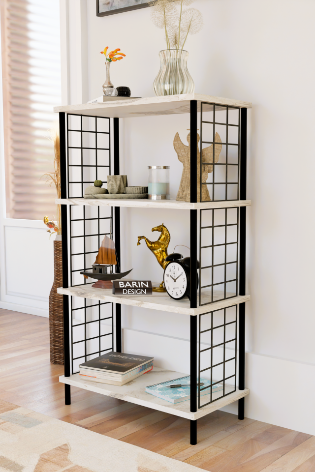 4 Katlı Çevir-Kur Sistemli Metal Yan Telli Ahşap Raf Çok Amaçlı Kitaplık, Dekoratif Düzenleyici Beyaz Mermer