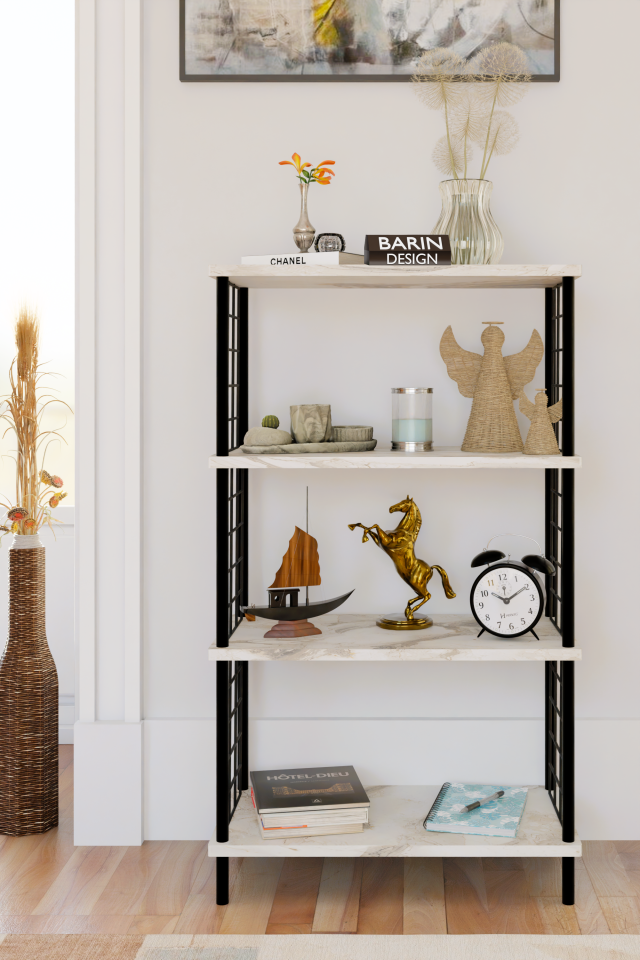 4 Katlı Çevir-Kur Sistemli Metal Yan Telli Ahşap Raf Çok Amaçlı Kitaplık, Dekoratif Düzenleyici Beyaz Mermer