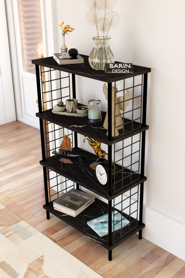 4 Katlı Çevir-Kur Sistemli Metal Yan Telli Ahşap Raf Çok Amaçlı Kitaplık, Dekoratif Düzenleyici Siyah Mermer