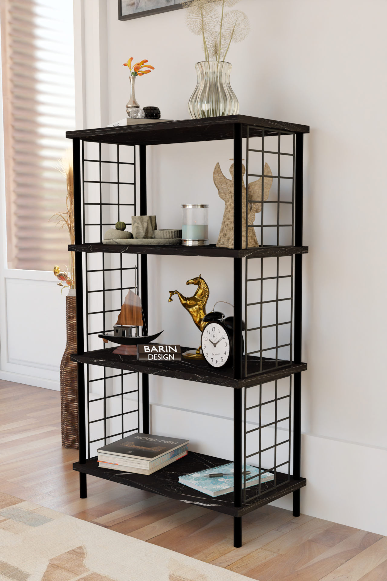 4 Katlı Çevir-Kur Sistemli Metal Yan Telli Ahşap Raf Çok Amaçlı Kitaplık, Dekoratif Düzenleyici Siyah Mermer