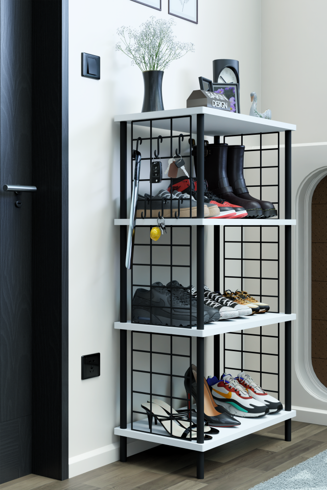 4 Katlı Metal Telli Ayakkabılık – Çevir Kur Sistemli Çok Katlı Portmanto Rafı ve Anahtarlık Askısı Beyaz