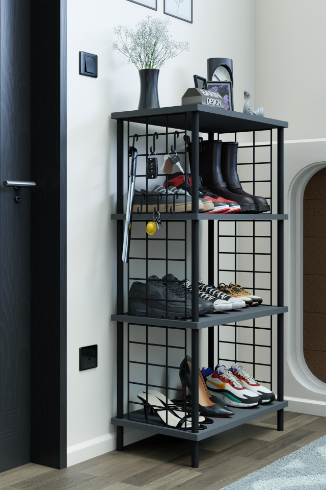 4 Katlı Metal Telli Ayakkabılık – Çevir Kur Sistemli Çok Katlı Portmanto Rafı ve Anahtarlık Askısı Antrasit