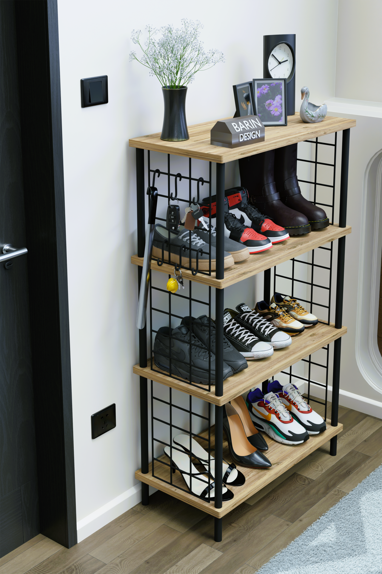 4 Katlı Metal Telli Ayakkabılık – Çevir Kur Sistemli Çok Katlı Portmanto Rafı ve Anahtarlık Askısı Atlantik Çam