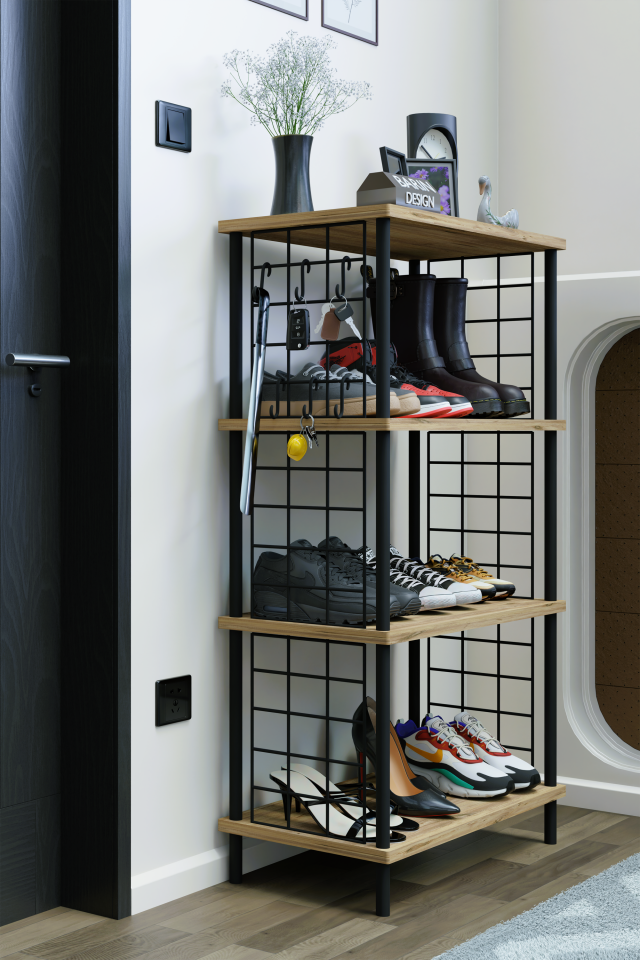 4 Katlı Metal Telli Ayakkabılık – Çevir Kur Sistemli Çok Katlı Portmanto Rafı ve Anahtarlık Askısı Atlantik Çam