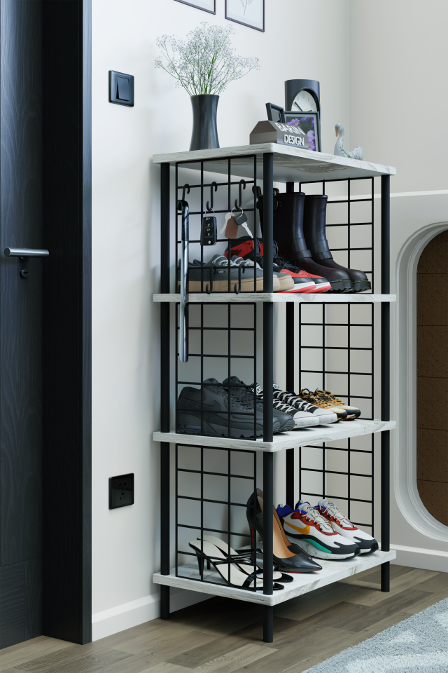 4 Katlı Metal Telli Ayakkabılık – Çevir Kur Sistemli Çok Katlı Portmanto Rafı ve Anahtarlık Askısı Beyaz Mermer