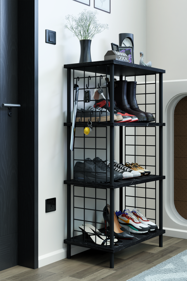 4 Katlı Metal Telli Ayakkabılık – Çevir Kur Sistemli Çok Katlı Portmanto Rafı ve Anahtarlık Askısı Siyah Mermer