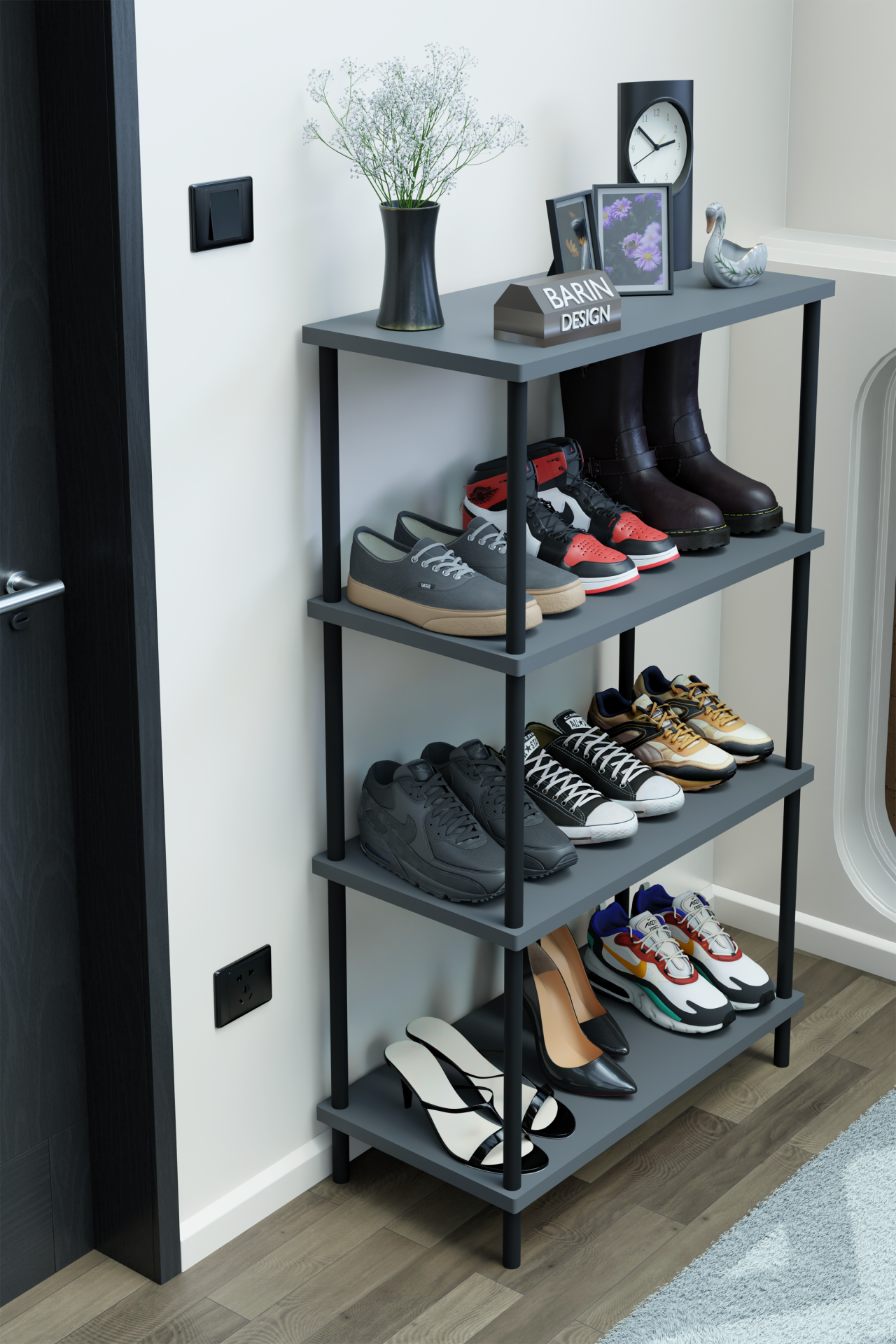 4 Katlı Ayakkabılık Raf – Çevir Kur Sistemli Çok Katlı Ayakkabı Düzenleyici, Giriş ve Antre Rafı Antrasit