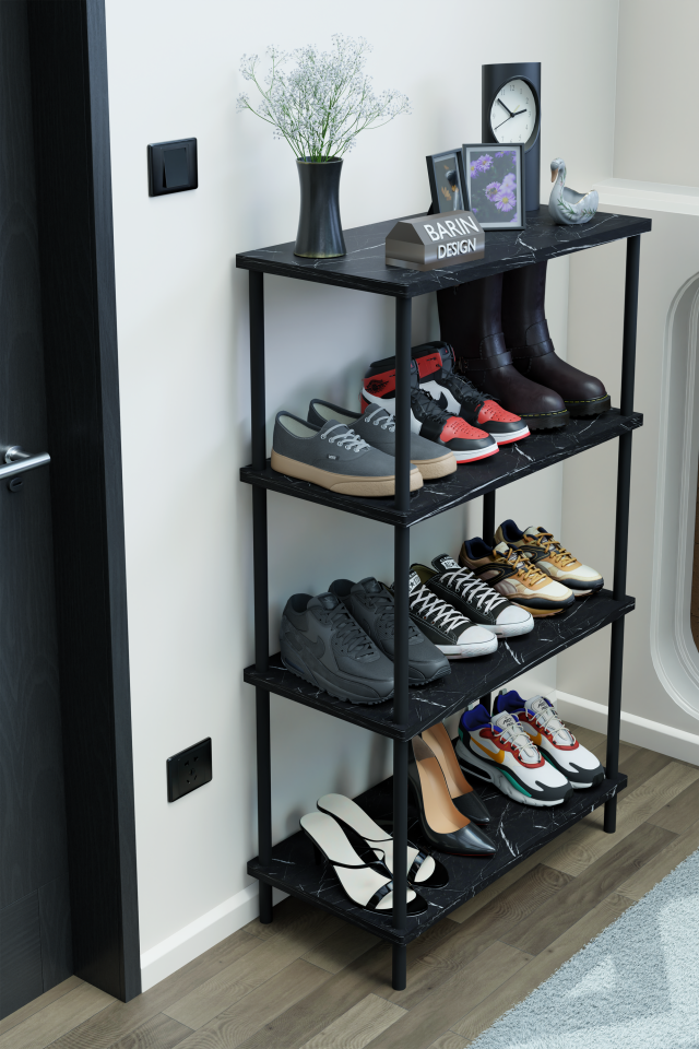 4 Katlı Ayakkabılık Raf – Çevir Kur Sistemli Çok Katlı Ayakkabı Düzenleyici, Giriş ve Antre Rafı Siyah Mermer