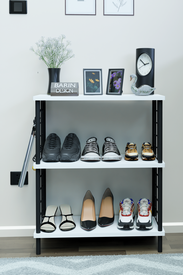 3 Raflı Metal Telli Çok Amaçlı Ayakkabılık ve Organizer Raf Kolay Kurulumlu, Çevir-Tak Sistem Raf Beyaz