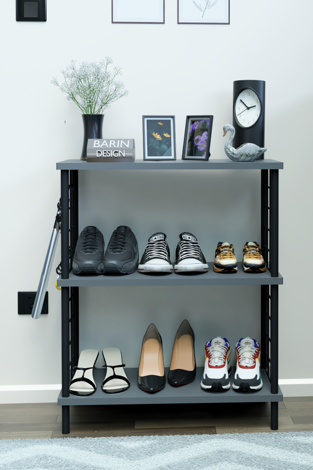 3 Raflı Metal Telli Çok Amaçlı Ayakkabılık ve Organizer Raf Kolay Kurulumlu, Çevir-Tak Sistem Raf Antrasit