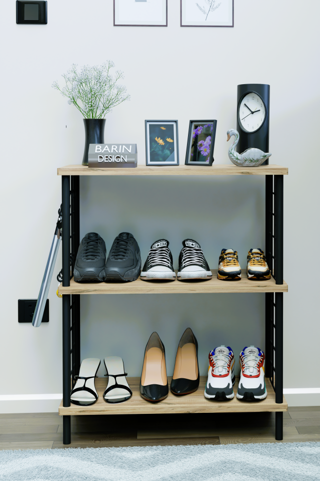 3 Raflı Metal Telli Çok Amaçlı Ayakkabılık ve Organizer Raf Kolay Kurulumlu, Çevir-Tak Sistem Raf Atlantik Çam