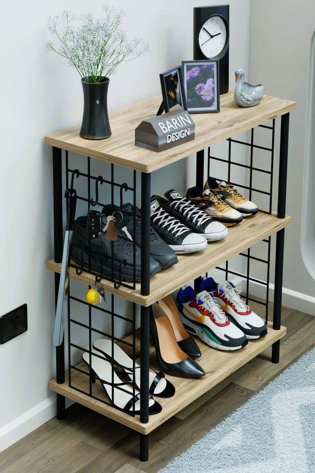 3 Raflı Metal Telli Çok Amaçlı Ayakkabılık ve Organizer Raf Kolay Kurulumlu, Çevir-Tak Sistem Raf Atlantik Çam