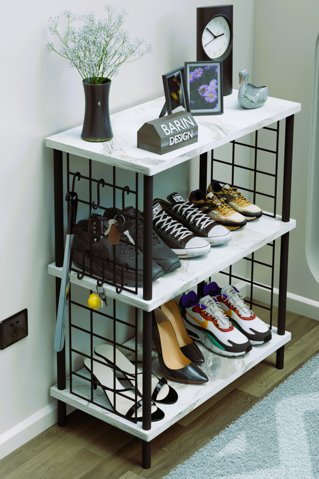 3 Raflı Metal Telli Çok Amaçlı Ayakkabılık ve Organizer Raf Kolay Kurulumlu, Çevir-Tak Sistem Raf Beyaz Mermer