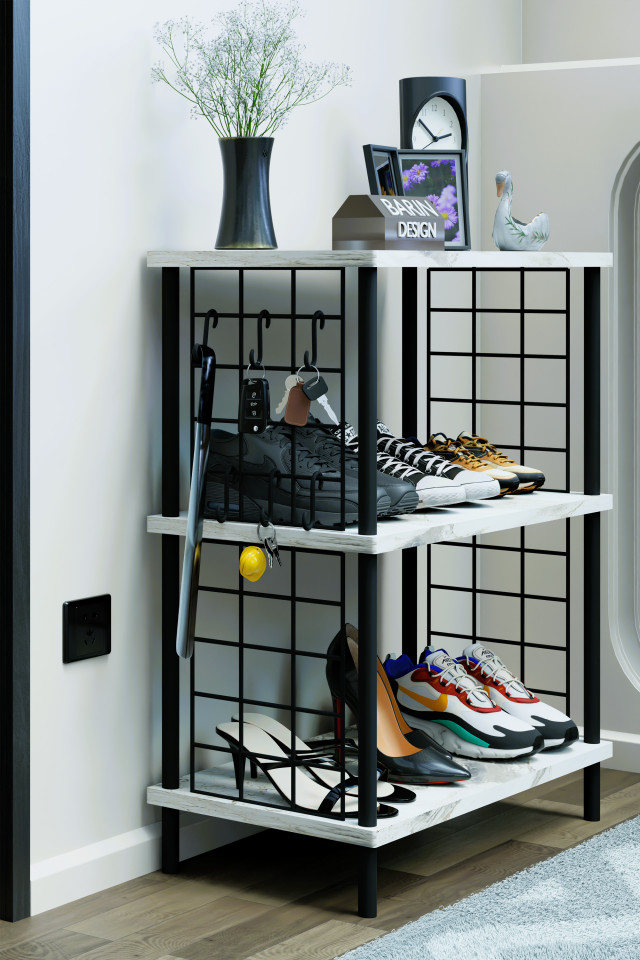 3 Raflı Metal Telli Çok Amaçlı Ayakkabılık ve Organizer Raf Kolay Kurulumlu, Çevir-Tak Sistem Raf Beyaz Mermer