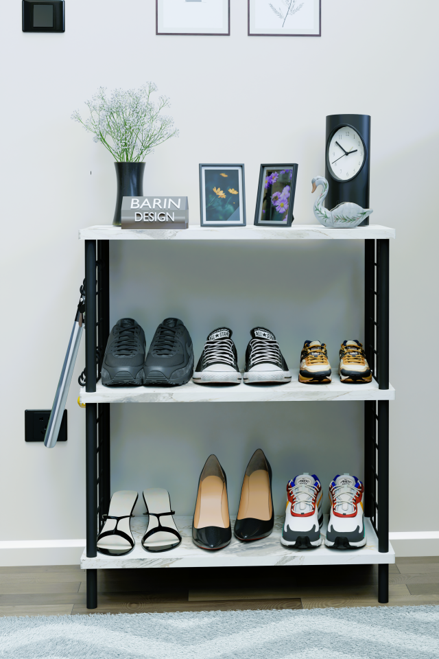 3 Raflı Metal Telli Çok Amaçlı Ayakkabılık ve Organizer Raf Kolay Kurulumlu, Çevir-Tak Sistem Raf Beyaz Mermer