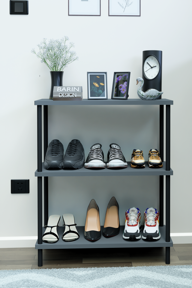 3 Katlı Ayakkabılık Raf - Çevir Tak Sistemli | Kolay Kurulum | Metal Gövde | Ahşap Raflı Organizer Antrasit